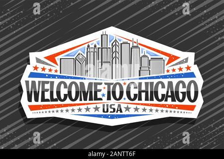 Vector logo for Chicago, decorative cut paper badge with art draw illustration of modern chicago cityscape, tourist fridge magnet with original typefa Stock Vector