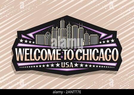 Vector logo for Chicago, dark decorative tag with draw illustration of modern chicago cityscape at dusk, tourist fridge magnet with original typeface Stock Vector