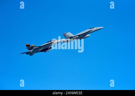 Helsinki, Finland - 9 June 2017: Two US Navy F/A-18 E Super Hornet multirole fighter planes over Helsinki at the Kaivopuisto Air Show 2017. Stock Photo