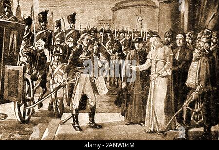 An old print showing the Pope Pius VI being arrested by French General Berthier in 1798,1st Prince of Wagram . Louis-Alexandre Berthier (1753-1815)   was a French Marshal and Vice-Constable of the Empire, as well as  Chief of Staff under Napoleon.upon his refusal to renounce his temporal power, Pius (Count Giovanni Angelo Braschi) who had the fourth  longest Papal reign in history was taken prisoner and transported to France. He died a year later in Valence Stock Photo