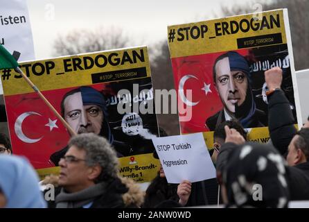 Berlin, Germany. 19th Jan, 2020. People demonstrate on the fringes of the Libya conference against Turkish President Erdogan. Credit: Paul Zinken/dpa/Alamy Live News Stock Photo