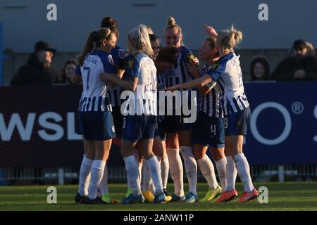 Romford, UK. 19th Jan 2020. The Brighton team celebrating her team's first goal during the Barclays FA Women's Super League match between West Ham United and Brighton and Hove Albion at the Rush Green Stadium, Romford, London on Sunday 19th January 2020. (Credit: Jacques Feeney | MI News) Credit: MI News & Sport /Alamy Live News Stock Photo