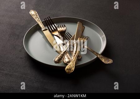 old silver plated, dinnerware sets, vintage cutlery set, plastic cutlery, 18th century, fork spoon knife Stock Photo