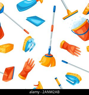 Housekeeping seamless pattern with cleaning items. Stock Vector
