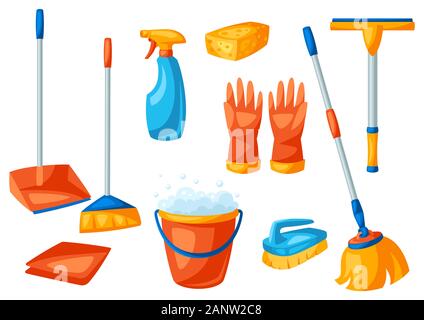 Housekeeping cleaning items set. Stock Vector