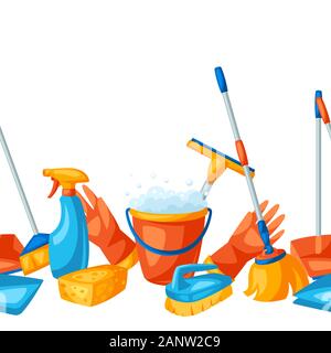 Housekeeping seamless pattern with cleaning items. Stock Vector