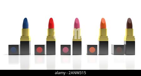 Lipstick, makeup. Lipsticks various fashion colors isolated against white background, Professional women make up and beauty concept Stock Photo