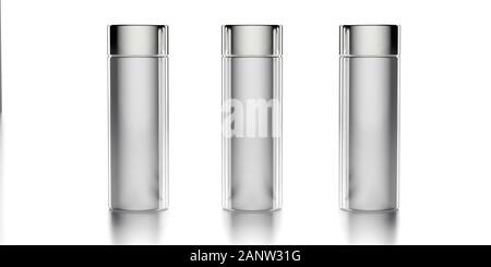 Cosmetic bottles template. Blank containers with lids isolated on white background, perfume deodorant product packaging. 3d illustration Stock Photo