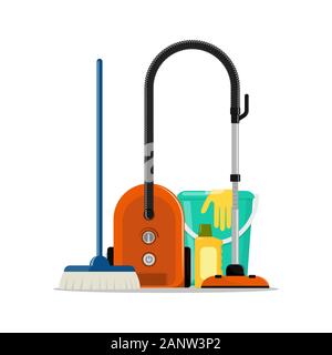 Spring cleaning concept. Bucket, brush, rubber gloves, hoover Vector illustration flat style Stock Vector