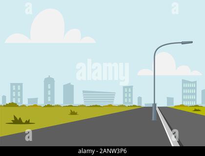 Road empty city street. Empty street or alley in a city park. Street on a Sunny summer day. Flat Vector Illustration Stock Vector