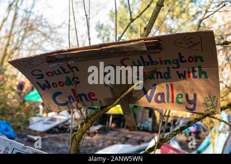 Harefield, UK. 19th Jan, 2020. Conservationists, climate protesters and environmentalists defy the High Court Injunction and stay on site in an attempt to stop the HS2 route and the loss of ancient woodland. Penelope Barritt/Alamy Live News Stock Photo