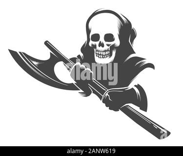 Skull in the Hood with Executioner Axe in Hands Tattoo in engraving Style. Vector illustration. Stock Vector