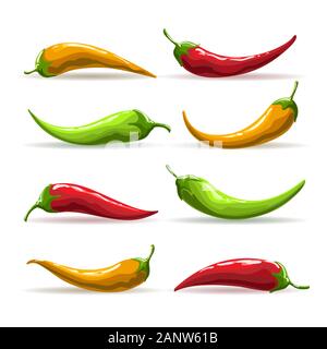 Red, yellow and green chili peppers. Hand drawn vector illustration. Stock Vector