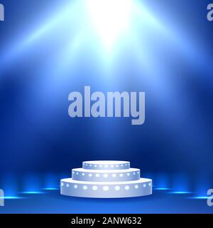 Festive Stage Podium With Lamps On Blue Background. Vector Illustration. Stock Vector