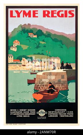 LYME REGIS Vintage 1920’s UK British travel poster for LYME REGIS Devon Dorset borders Southern Railway Advertising promoting Rail Train Travel with Restaurant Car from London to Devon UK lithograph in colour by Alfred Lambert 1926, printed by Avenue Press, London Stock Photo