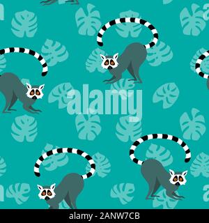 Seamless pattern with cute lemurs on green background with monstera leaves. Tropical print with exotic animals. Flat vector illustration. Stock Vector