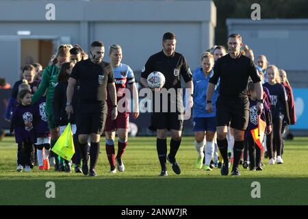 Romford, UK. 19th Jan 2020. The teams walking out before kick off during the Barclays FA Women's Super League match between West Ham United and Brighton and Hove Albion at the Rush Green Stadium, Romford, London on Sunday 19th January 2020. (Credit: Jacques Feeney | MI News) Credit: MI News & Sport /Alamy Live News Stock Photo