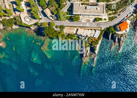 Rocky bay in Italy. Aerial drone view on Adriatic sea beach, Camogli, liguria. Stock Photo