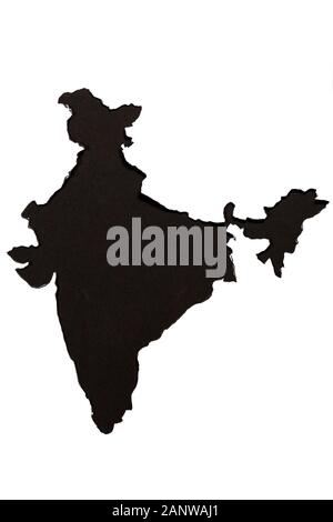 Head-on shot of Indian Map of black color on a white background, Paper cut-out of indian map with copy space, 26 January republic day or 15 August ind Stock Photo
