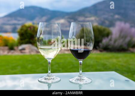 pair of wine glasses filled with red and white wines, selective focus and close up view against yard on Okanagan Lake and mountains background Stock Photo