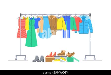 Men and women casual clothes on hanger rack. Boxes with shoes. Flat lines vector illustration. Male and female garments hanging on shop rolling displa Stock Vector