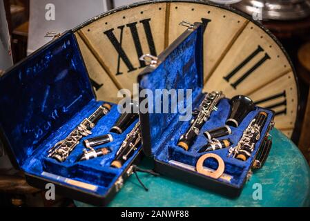 Antique clarinet in case in old store relic real authentic storage container Stock Photo