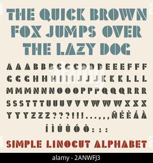 Woodcut simple alphabet. Stencil shape, three alternative per glyph. Stock Vector