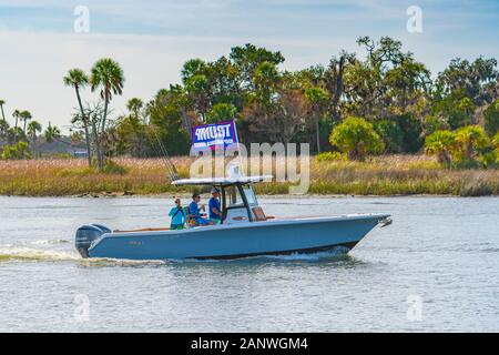 JANUARY 18, 2020, CRYSTAL RIVER, FL: Recreational boaters enjoy a warm winter's day on Crystal River; this boater proudly displays a Trump 2020 flag. Stock Photo