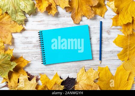 Spiral notepad and pen lies on vintage wooden desk Stock Photo