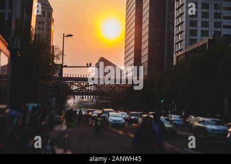 Beautiful wide-angle sunny aerial view of Beijing Central Business District, with Chinese World Trade Center, Guomao Area, with skyscrapers, Beijing, Stock Photo