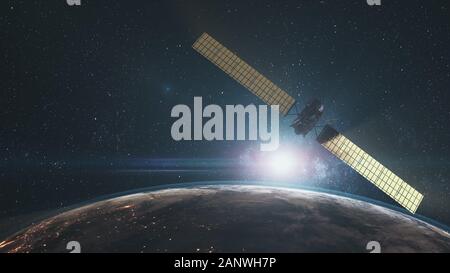 Modern space probe flying near rotating planet. Rosetta over Earth illuminated mainland in cosmos. Sun rise skyline. 3d render animation. Science technology. Elements of this media furnished by NASA. Stock Photo