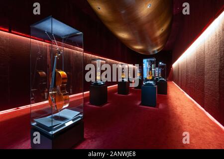 The "Treasure Chest" at the Violin Museum in Cremona, Lombardy, Italy, gallery of ancient stringed instruments by Stradivari, Amati, and Guarneri Stock Photo