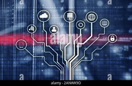 Telecommunication concept. Binary code on large data center background. Technology wallpaper. Stock Photo
