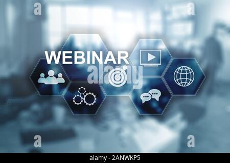 Webinar on virtual screen. Inscription on blurred office background Stock Photo