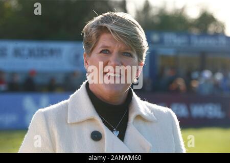 BOREHAMWOOD, ENGLAND - JANUARY 19: Clare Balding  broadcaste during Barclays Women's Super League match between Arsenal Women and Chelsea Women at Mea Stock Photo