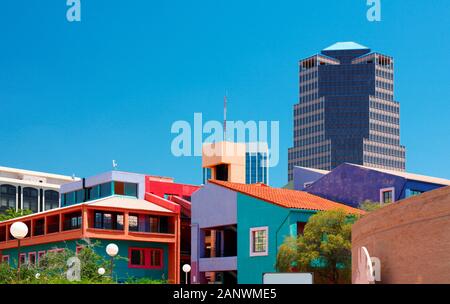 Tucson Skyline Showing the Colorful Building at La Placita Park. Stock Photo