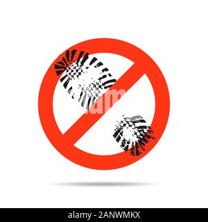 Sign prohibiting walk here in the shoe. Shoe print symbol. Red sign prohibiting walking shoes. Vector illustration. Stock Vector