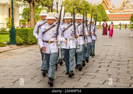 BANGKOK, THAILAND – DEC. 23, 2018: Change of Guards parade at The Grand Palace, Bangkok by ceremonial King's guard from Royal Thai Armed Forces. Stock Photo