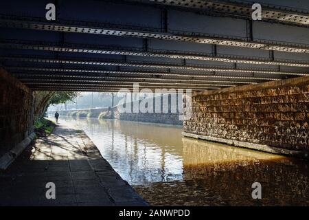 Nottingham Canal Side Winter's Morning People Jogging. Stock Photo