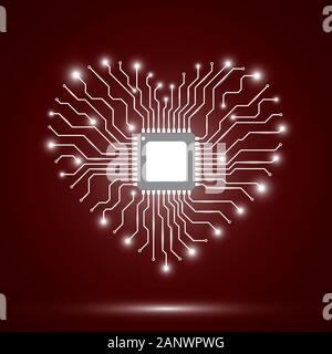 Abstract background with electronic circuit board and chip. Red background with shiny heart. Vector illustration. Stock Vector
