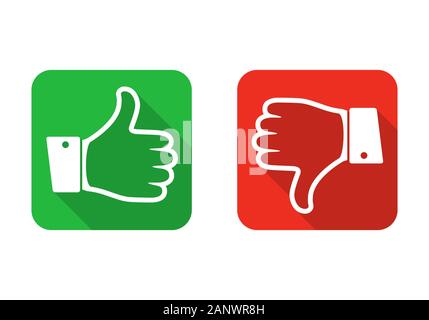 Thumb up and down red and green icons. Vector illustration. I like and dislike square buttons in flat design. Stock Vector