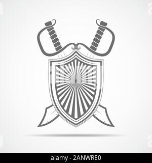 Shield with two crossed swords in flat style. Shield and two swords isolated. Vector illustration. Stock Vector