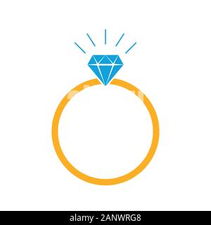 Colored wedding ring icon in flat design. Orange wing with blue diamond, isolated on white background. Vector illustration. Stock Vector