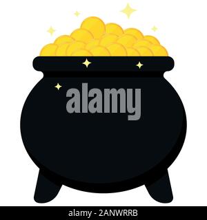 Black cauldron full of golden coins isolated on white background. Stock Vector