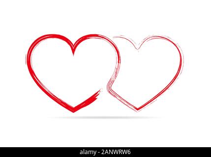 Two linear hearts connected among themselves in hand drawn style. Vector illustration. Red hearts as a symbol of love. Stock Vector