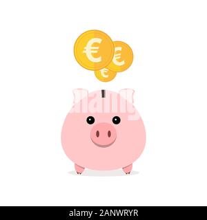 Pink piggy bank and coins isolated. Piggy bank with falling coins in flat design. Gold euro coins. Vector illustration. Stock Vector