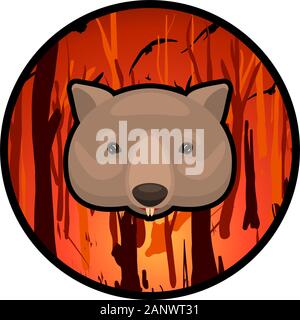weeping wombat icon on a burning Australian forest background. Cartoon vector illustration. Stock Vector