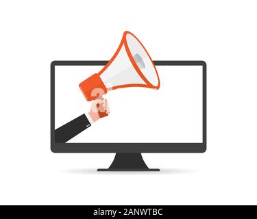 Loudspeaker or megaphone in the male hand coming out from screen of monitor. Red megaphone and monitor, isolated on white background. Vector illustrat Stock Vector