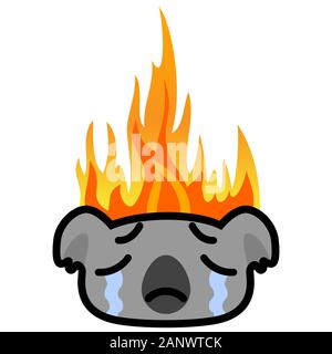 weeping koala icon on fire background. Cartoon vector illustration. Stock Vector