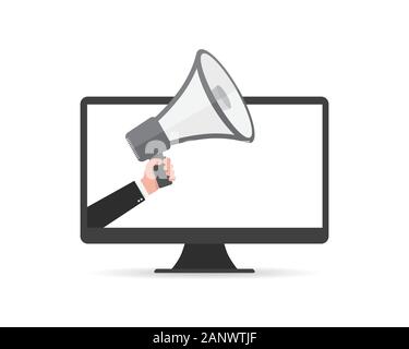 Loudspeaker or megaphone in the male hand coming out from screen of monitor. Gray megaphone and monitor, isolated on white background. Vector illustra Stock Vector